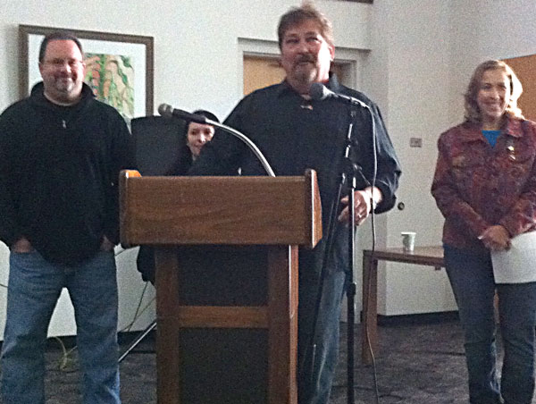 Kurt knapp, Mike Ahern, Lellie Gilbert and Karen Hollis speak before the Middlesex Institute for Lifelong Learning