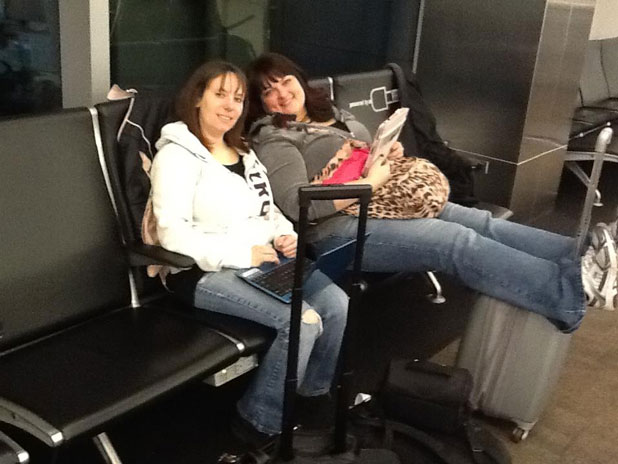 Lellie Gilbert and Melanie Knapp at Boston's Logan Airport just before the snow storm, preparing to leave for Bermuda.